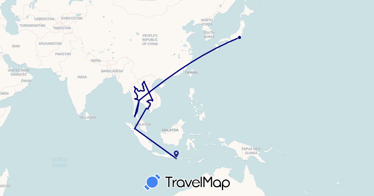 TravelMap itinerary: driving in Indonesia, Japan, Cambodia, Laos, Thailand (Asia)